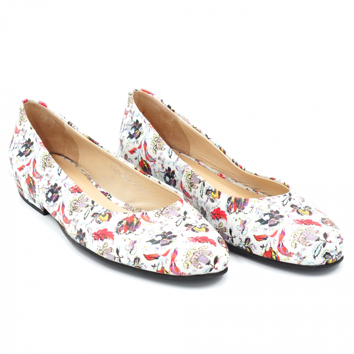 Pantofi dama tip balerini din piele naturala cu imprimeu floral cu varf rotund si toc mic gros imbracat 1 cm 0125-24 [4]