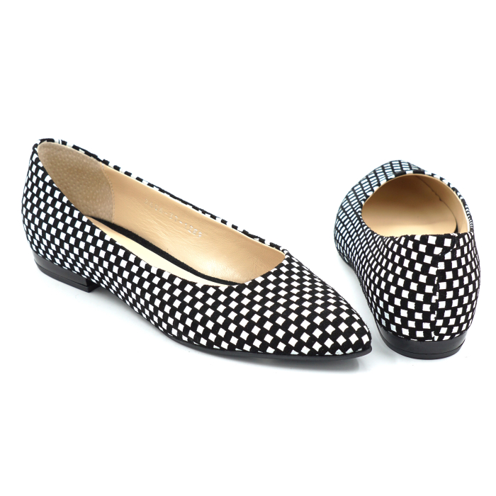 Pantofi dama tip balerini din piele naturala neagra cu patratele albe cu varf ascutit stiletto si toc mic de 1 cm 1289-2-26 [5]