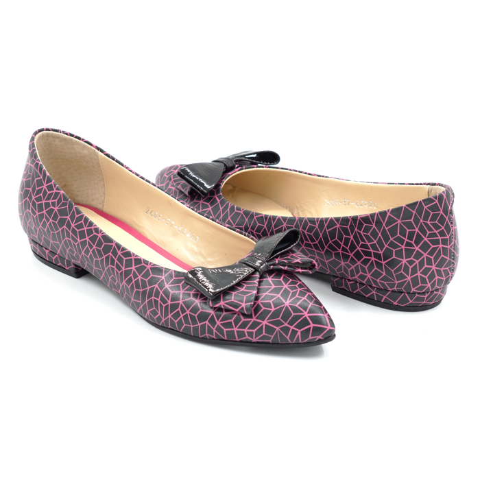 Pantofi dama tip balerini din piele naturala negru cu fucsia cu varf ascutit stiletto si toc mic imbracat de 1 cm 62420-26 [3]