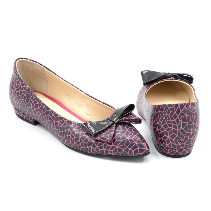 Pantofi dama tip balerini din piele naturala negru cu fucsia cu varf ascutit stiletto si toc mic imbracat de 1 cm 62420-26 [5]