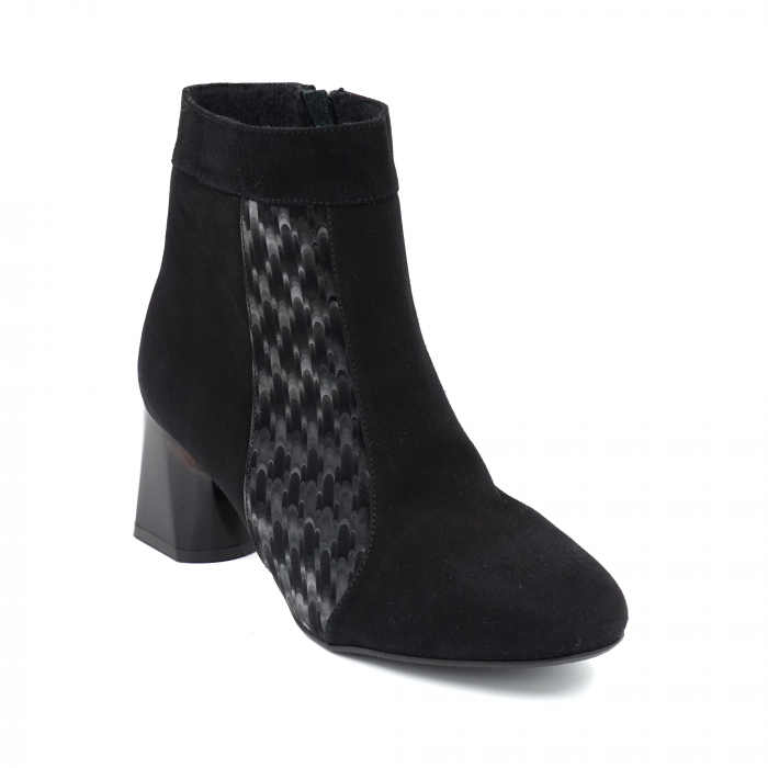 Ghete dama casual din piele naturala intoarsa neagra si cu imprimeu 3D cu varf rotund si toc mic gros 6 cm   11111-23 [2]