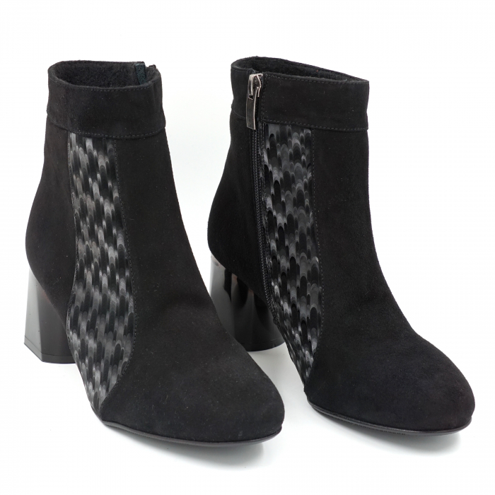 Ghete dama casual din piele naturala intoarsa neagra si cu imprimeu 3D cu varf rotund si toc mic gros 6 cm   11111-23 [3]