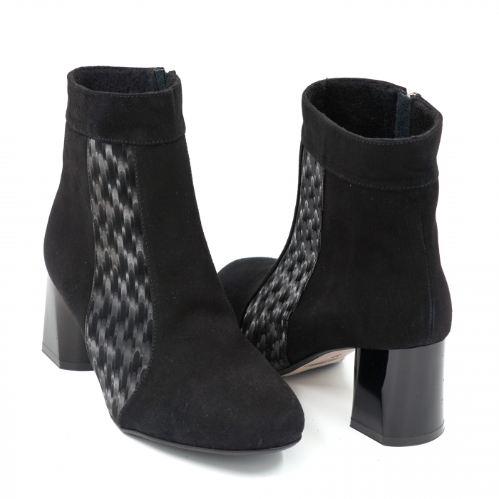 Ghete dama casual din piele naturala intoarsa neagra si cu imprimeu 3D cu varf rotund si toc mic gros 6 cm   11111-23 [4]