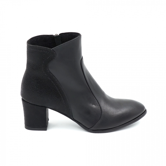 Ghete dama elegante din piele naturala neagra si cu imprimeu cu varf rotund si toc mic gros imbracat 5 cm  70218-23 [1]