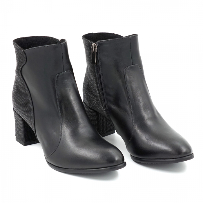 Ghete dama elegante din piele naturala neagra si cu imprimeu cu varf rotund si toc mic gros imbracat 5 cm  70218-23 [4]