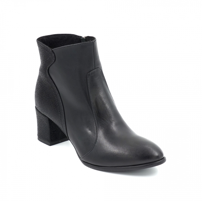 Ghete dama elegante din piele naturala neagra si cu imprimeu cu varf rotund si toc mic gros imbracat 5 cm  70218-23 [2]