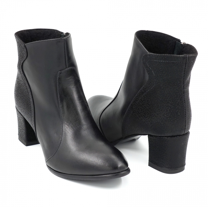 Ghete dama elegante din piele naturala neagra si cu imprimeu cu varf rotund si toc mic gros imbracat 5 cm  70218-23 [5]