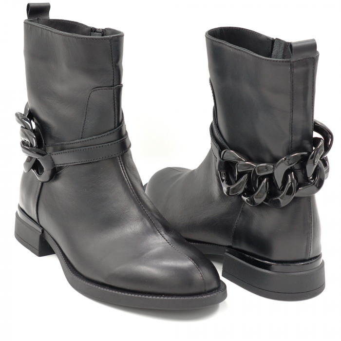 Ghete dama casual din piele naturala neagra cu accesoriu lant negru cu varf rotund si talpa 2 cm 70924-24 - Copie [4]
