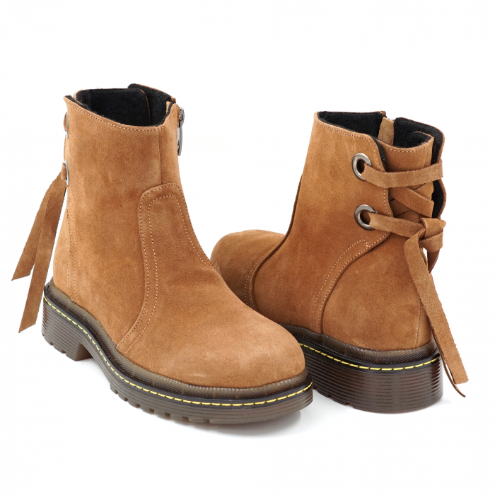 Ghete dama casual din piele naturala intoarsa maro coniac cu accesorii metalice, varf rotund si talpa 3 cm  71120-23 [3]