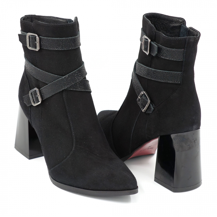 Ghete dama elegante din piele naturala intoarsa neagra si lac negru, cu accesorii metalice, varf ascutit stileto si toc mediu gros 8 cm 72721-23 [5]
