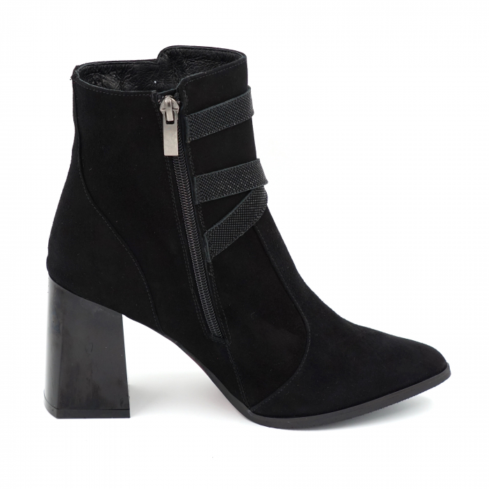 Ghete dama elegante din piele naturala intoarsa neagra si lac negru, cu accesorii metalice, varf ascutit stileto si toc mediu gros 8 cm 72721-23 [3]