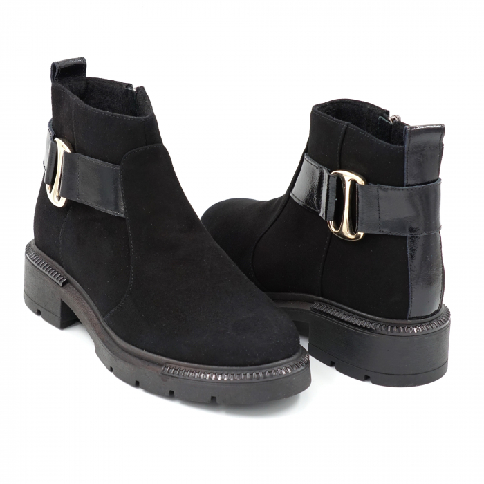 Ghete dama casual din piele naturala intoarsa si lacuita neagra cu accesoriu metalic, varf rotund si talpa 3 cm 72916-23 [3]