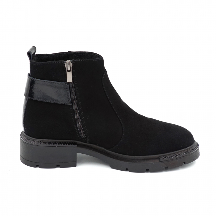 Ghete dama casual din piele naturala intoarsa si lacuita neagra cu accesoriu metalic, varf rotund si talpa 3 cm 72916-23 [4]