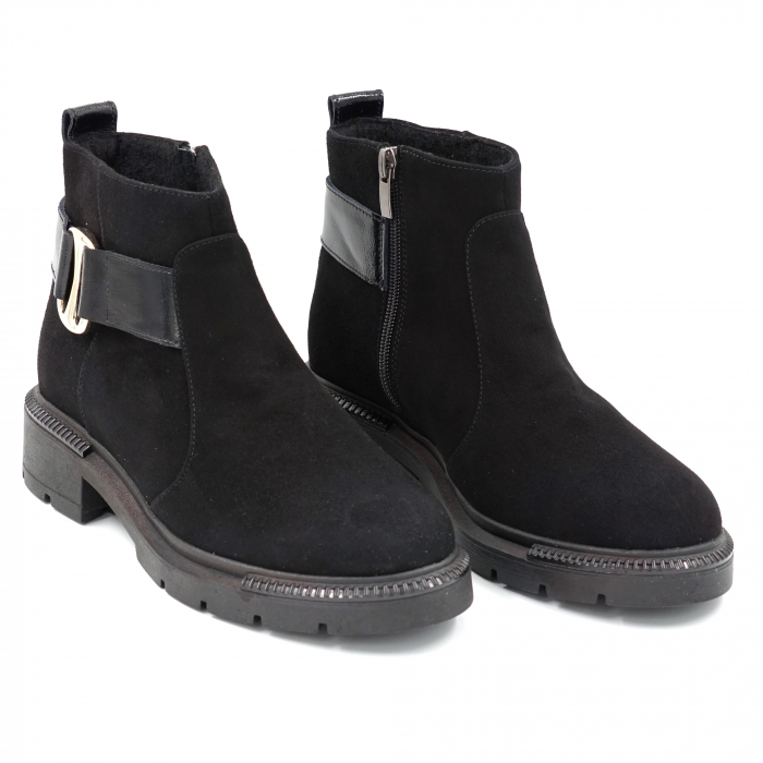 Ghete dama casual din piele naturala intoarsa si lacuita neagra cu accesoriu metalic, varf rotund si talpa 3 cm 72916-23 [5]