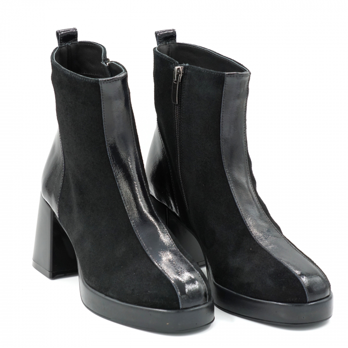 Ghete dama casual din piele naturala intoarsa si lacuita neagra cu varf rotund, platforma 2 cm si toc mic gros 6 cm 73321-1-23 [2]