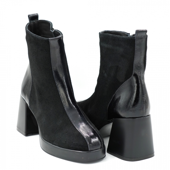 Ghete dama casual din piele naturala intoarsa si lacuita neagra cu varf rotund, platforma 2 cm si toc mic gros 6 cm 73321-1-23 [4]