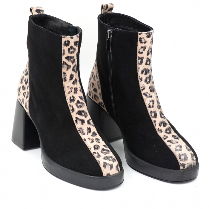 Ghete dama elegante din piele naturala intoarsa neagra si cu imprimeu animal print leopard cu varf rotund, platforma 2 cm si toc mic gros 6 cm 73321-23 [5]
