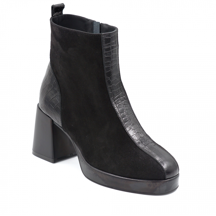 Ghete dama elegante din piele naturala intoarsa si lacuita neagra cu varf rotund, platforma 2 cm si toc mic gros 6 cm 73321-24 [2]