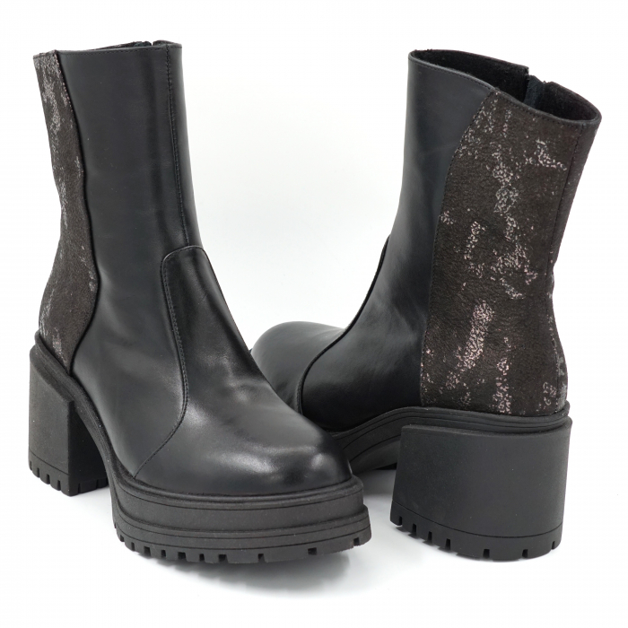 Ghete dama casual din piele naturala neagra si cu imprimeu negru si bronz cu varf rotund si toc mic gros 5 cm 73518-23 [4]