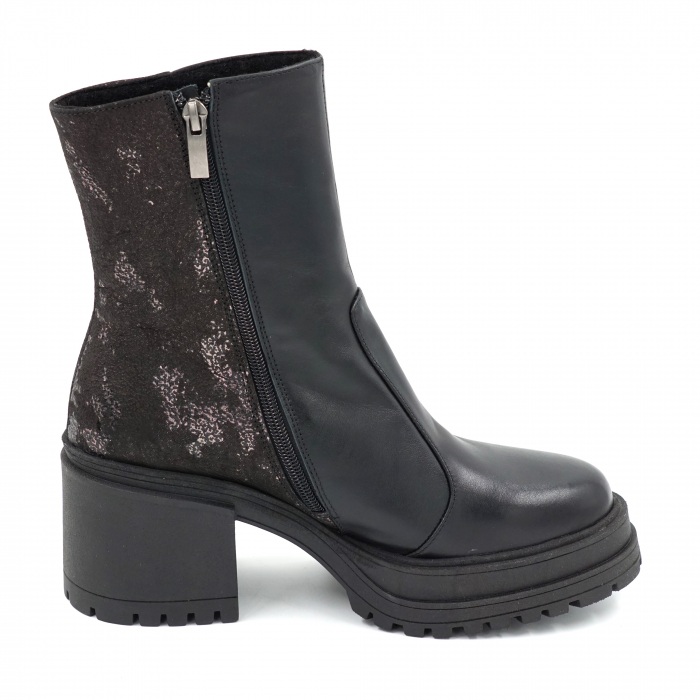 Ghete dama casual din piele naturala neagra si cu imprimeu negru si bronz cu varf rotund si toc mic gros 5 cm 73518-23 [5]