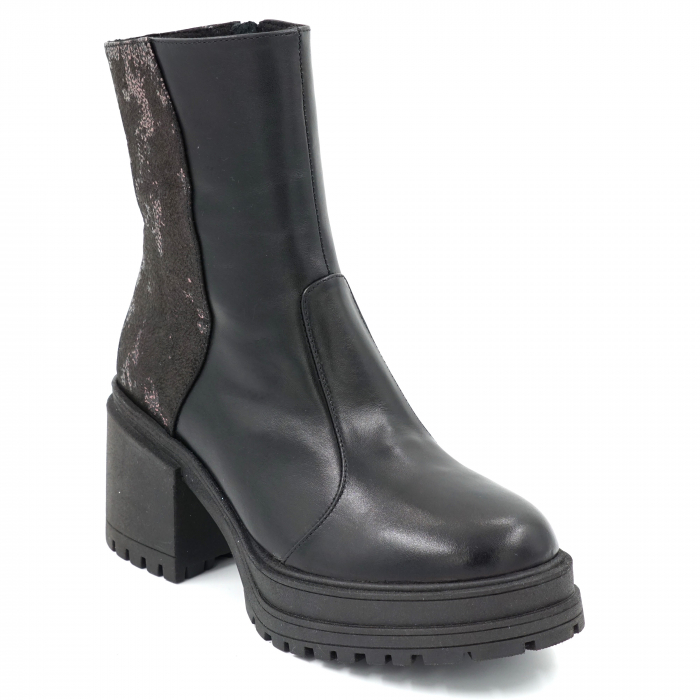 Ghete dama casual din piele naturala neagra si cu imprimeu negru si bronz cu varf rotund si toc mic gros 5 cm 73518-23 [2]