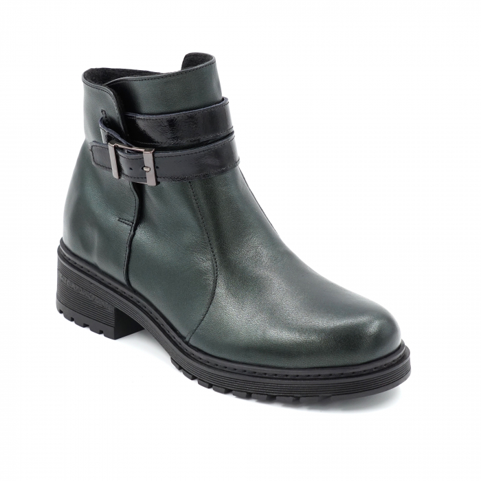 Ghete dama casual din piele naturala verde inchis smarald si lac negru cu accesoriu metalic, varf rotund si talpa 3 cm 73519-23 [2]