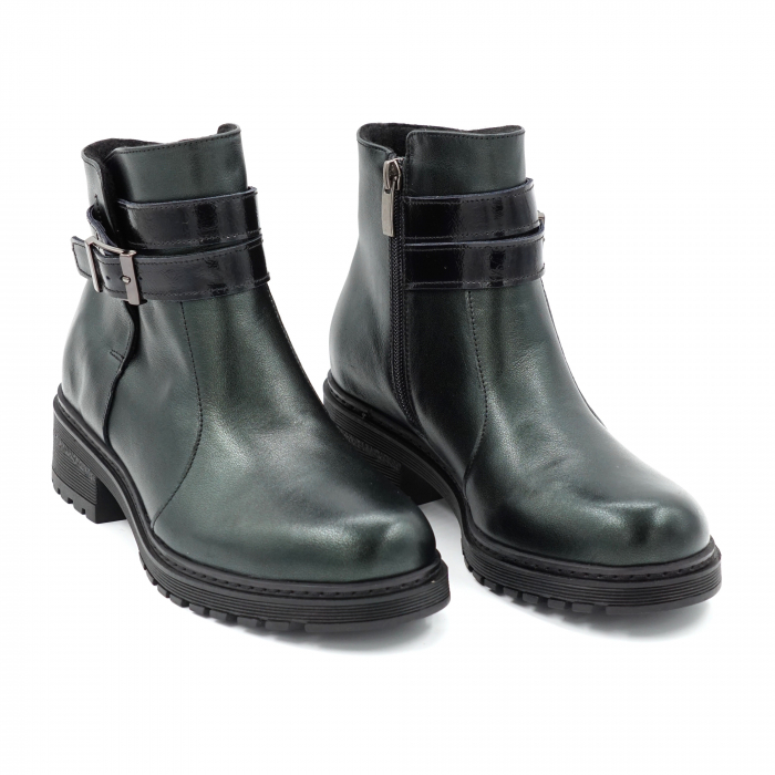 Ghete dama casual din piele naturala verde inchis smarald si lac negru cu accesoriu metalic, varf rotund si talpa 3 cm 73519-23 [3]