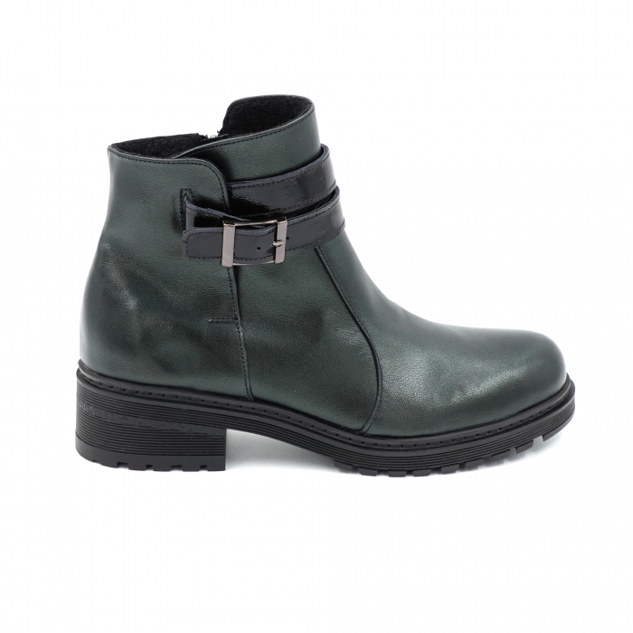 Ghete dama casual din piele naturala verde inchis smarald si lac negru cu accesoriu metalic, varf rotund si talpa 3 cm 73519-23 [1]