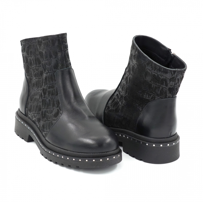 Ghete dama casual din piele naturala neagra si cu imprimeu croco negru cu varf rotund si talpa 3 cm 73521-23 [5]