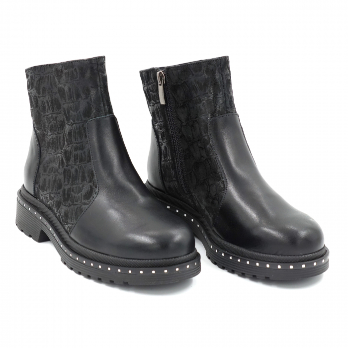 Ghete dama casual din piele naturala neagra si cu imprimeu croco negru cu varf rotund si talpa 3 cm 73521-23 [4]