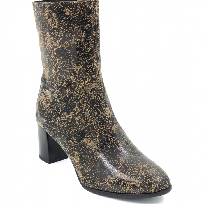 Ghete dama elegante lungi din piele naturala cu imprimeu negru si kaki cu varf rotund si toc mic gros 5 cm  74617-23 [2]