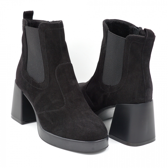 Ghete dama elegante din piele naturala intoarsa neagra si cu elastic cu varf rotund, platforma 2 cm si toc mic gros 6 cm  75319-24 [4]