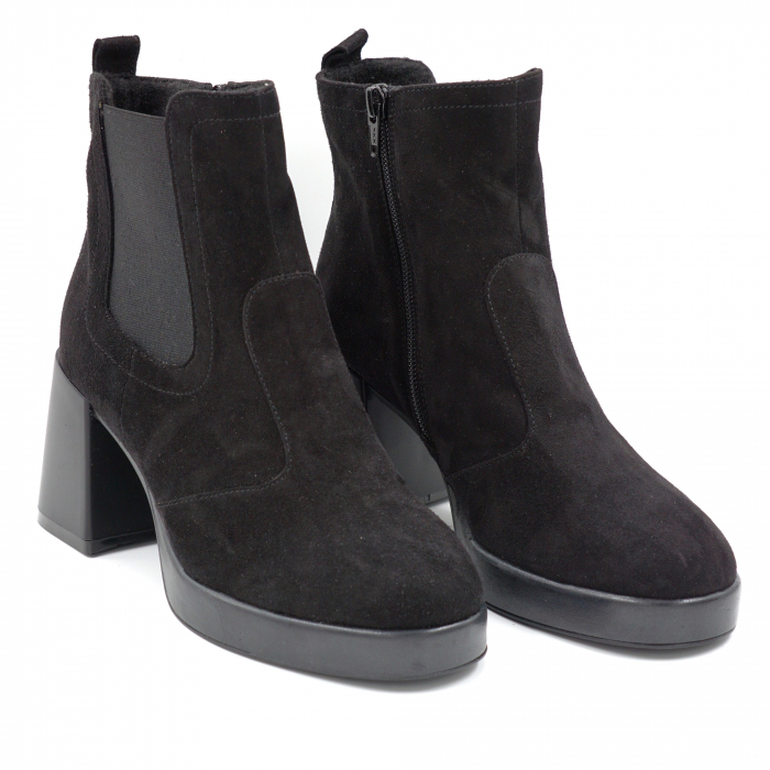 Ghete dama elegante din piele naturala intoarsa neagra si cu elastic cu varf rotund, platforma 2 cm si toc mic gros 6 cm  75319-24 [3]