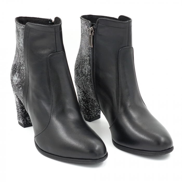 Ghete dama casual din piele naturala neagra si cu imprimeu negru cu gri cu varf rotund si toc mediu gros 8 cm  75818-23 [3]