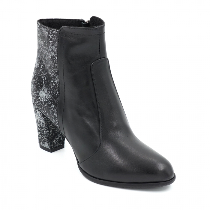 Ghete dama casual din piele naturala neagra si cu imprimeu negru cu gri cu varf rotund si toc mediu gros 8 cm  75818-23 [2]