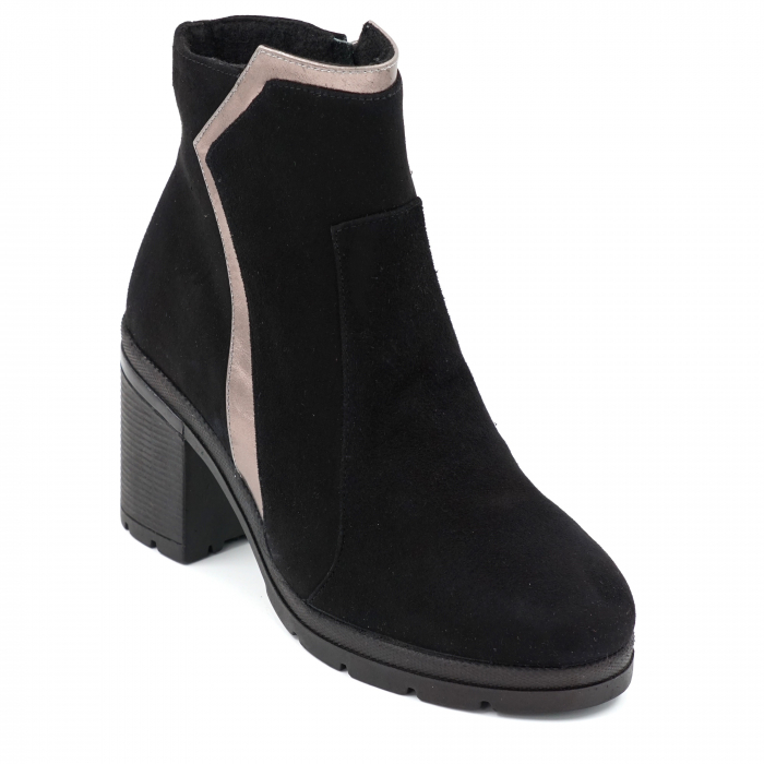 Ghete dama casual din piele naturala intoarsa neagra si bronz metalizat cu varf rotund si toc mic gros 5 cm 76020-23 [2]