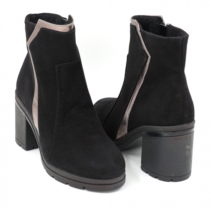 Ghete dama casual din piele naturala intoarsa neagra si bronz metalizat cu varf rotund si toc mic gros 5 cm 76020-23 [4]