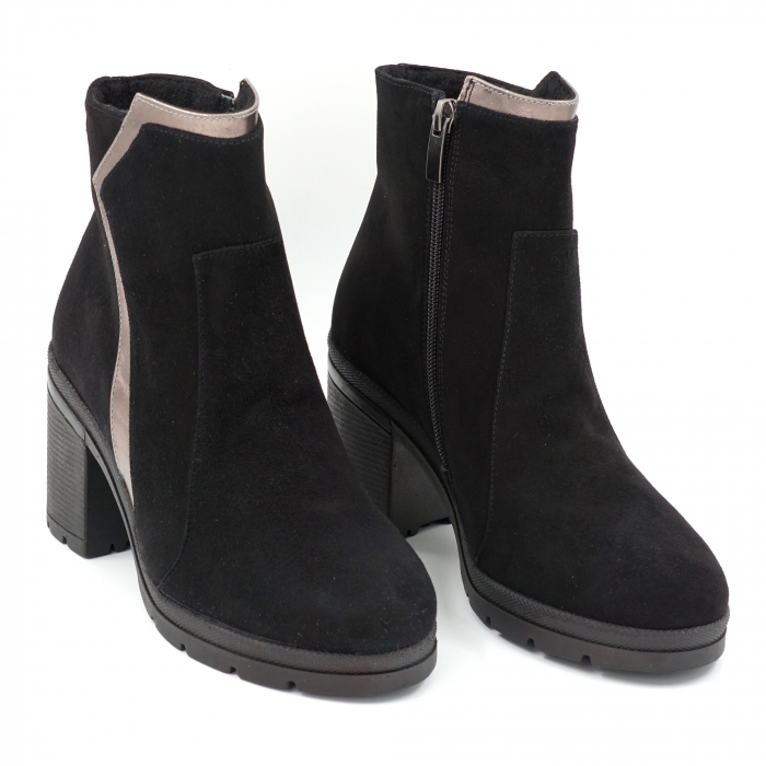 Ghete dama casual din piele naturala intoarsa neagra si bronz metalizat cu varf rotund si toc mic gros 5 cm 76020-23 [3]