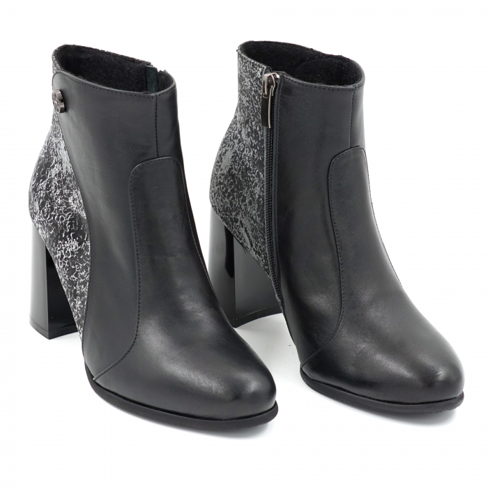 Ghete dama elegante din piele naturala neagra si cu imprimeu negru cu gri, cu varf rotund si toc mediu gros 8 cm  76120-23 [4]