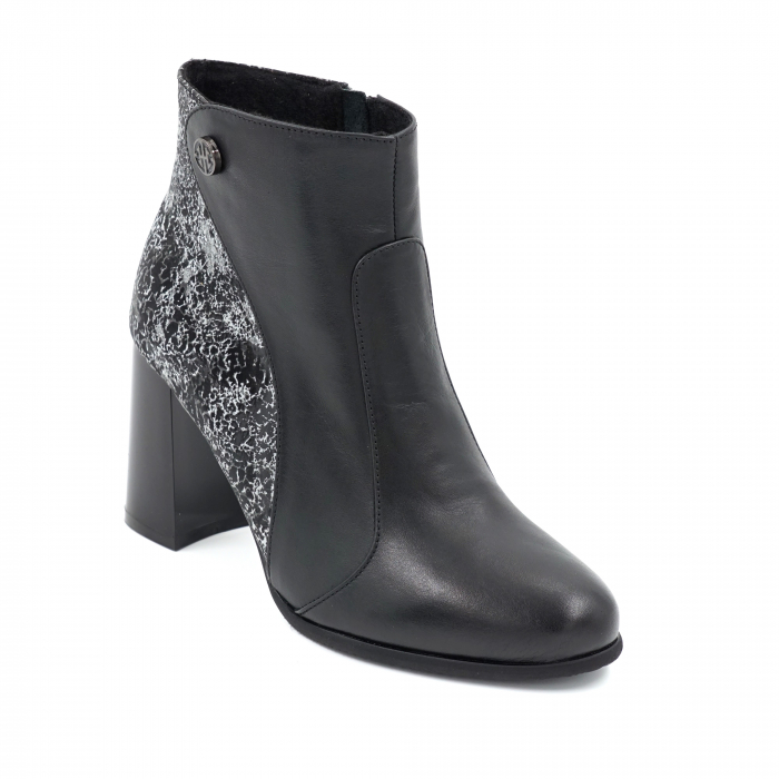 Ghete dama elegante din piele naturala neagra si cu imprimeu negru cu gri, cu varf rotund si toc mediu gros 8 cm  76120-23 [2]
