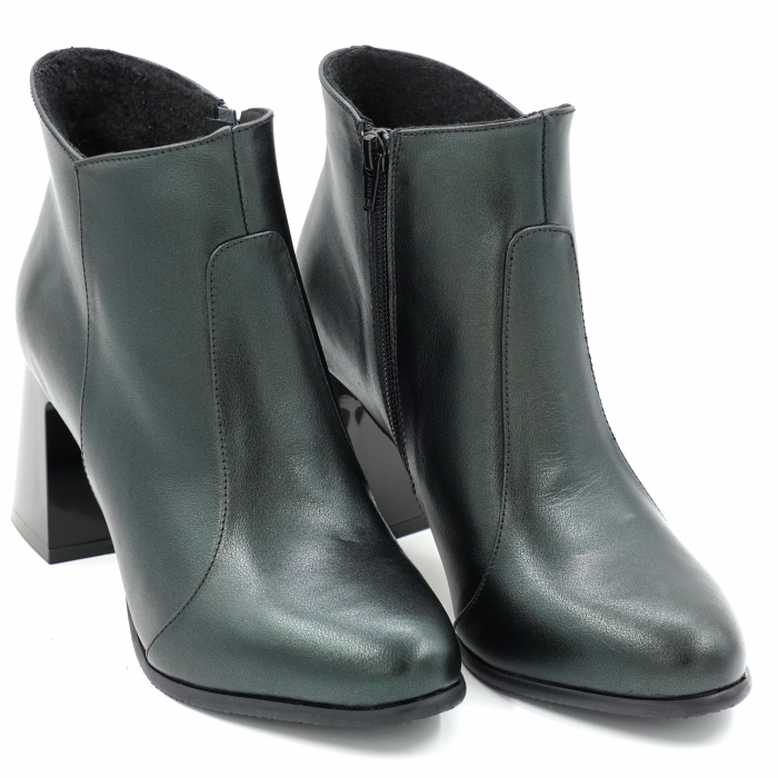 Ghete dama elegante din piele naturala verde inchis smarald sidef cu varf rotund si toc mediu gros 8 cm 78118-1-23 [3]
