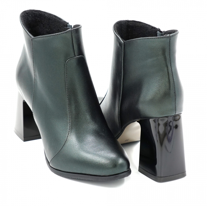 Ghete dama elegante din piele naturala verde inchis smarald sidef cu varf rotund si toc mediu gros 8 cm 78118-1-23 [4]
