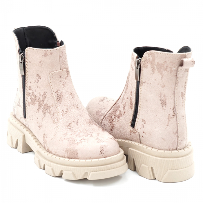 Ghete dama casual din piele naturala cu imprimeu roze inchis cu varf rotund si talpa 3 cm 78121-23 [4]