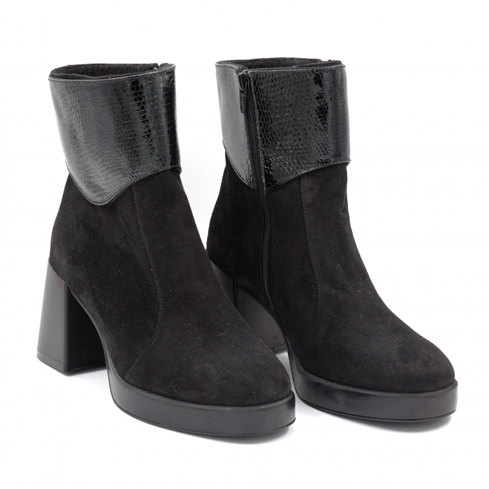 Ghete dama casual din piele naturala intoarsa neagra si cu imprimeu croco lac negru cu varf rotund, platforma 2 cm si toc mic gros 6 cm 79219-24 [3]