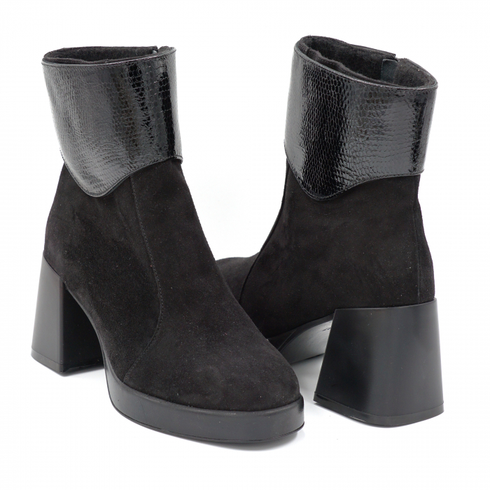 Ghete dama casual din piele naturala intoarsa neagra si cu imprimeu croco lac negru cu varf rotund, platforma 2 cm si toc mic gros 6 cm 79219-24 [4]