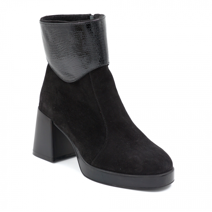 Ghete dama casual din piele naturala intoarsa neagra si cu imprimeu croco lac negru cu varf rotund, platforma 2 cm si toc mic gros 6 cm 79219-24 [2]
