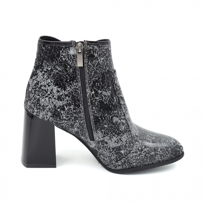 Ghete dama elegante din piele naturala cu imprimeu gri cu negru, cu varf rotund si toc mediu gros 8 cm 79319-23 [5]