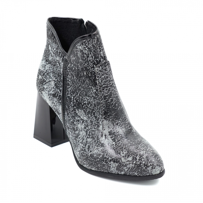 Ghete dama elegante din piele naturala cu imprimeu gri cu negru, cu varf rotund si toc mediu gros 8 cm 79319-23 [2]