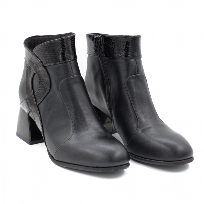 Ghete dama elegante din piele naturala neagra si croco negru cu varf rotund si toc mic gros 6 cm 939-24 [3]