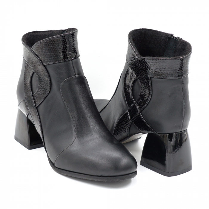 Ghete dama elegante din piele naturala neagra si croco negru cu varf rotund si toc mic gros 6 cm 939-24 [4]